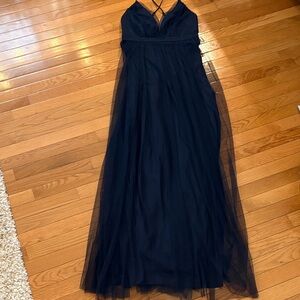 Elegant Navy Tulle Evening Gown - V-Neck Strappy Back